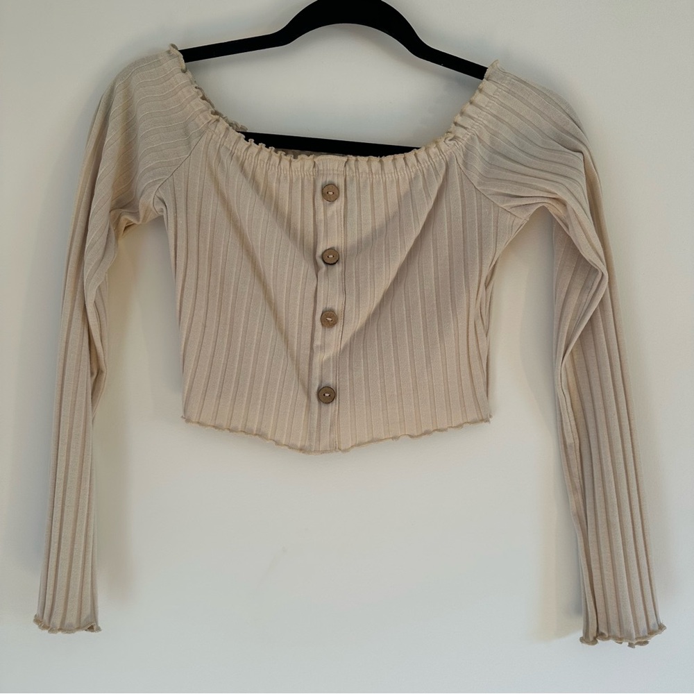 May Pink Beige Ribbed Off-Shoulder Crop Top
